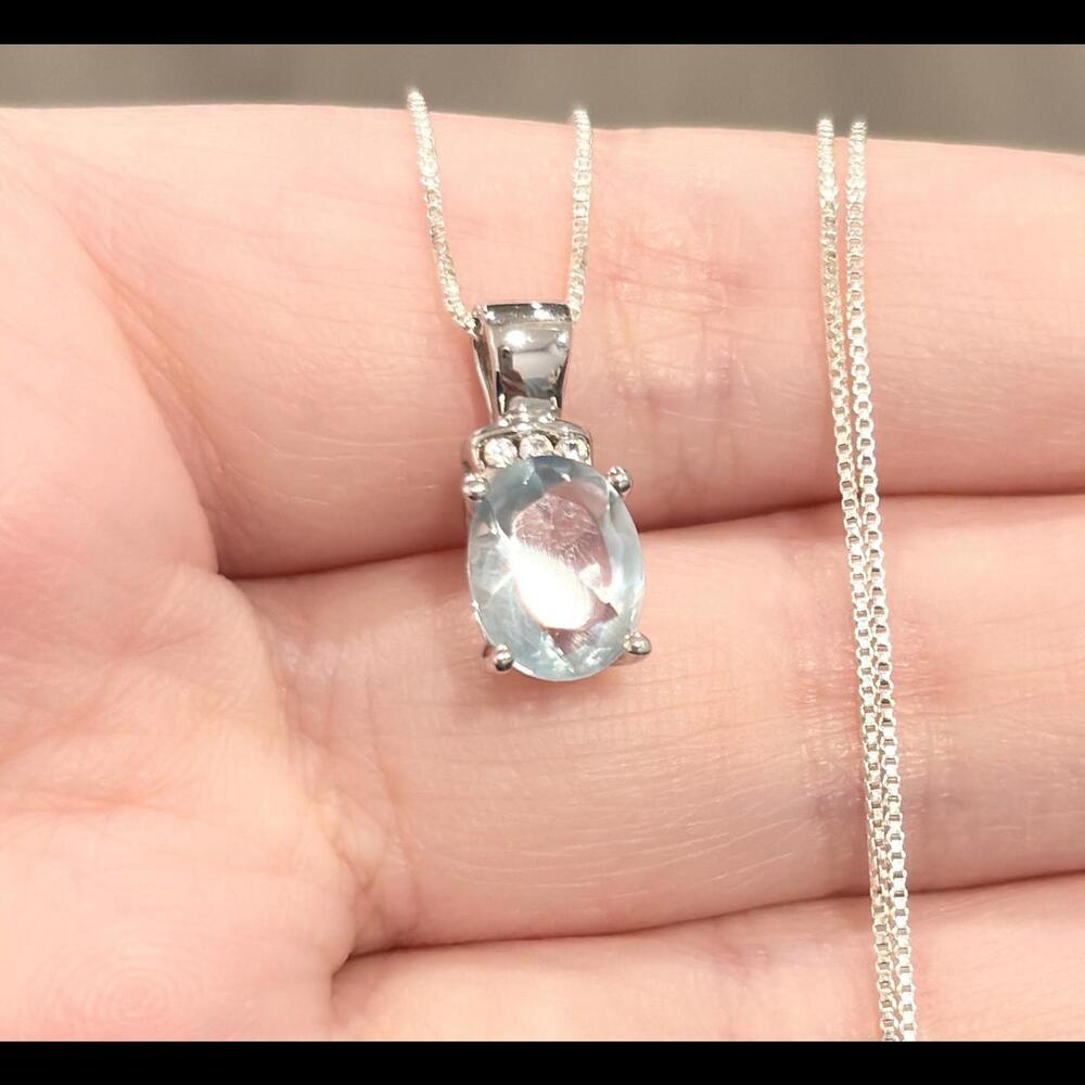 Blue Cubic Zirconia Pendant: Small light blue 10K solid white gold solit… - Picture 4 of 10